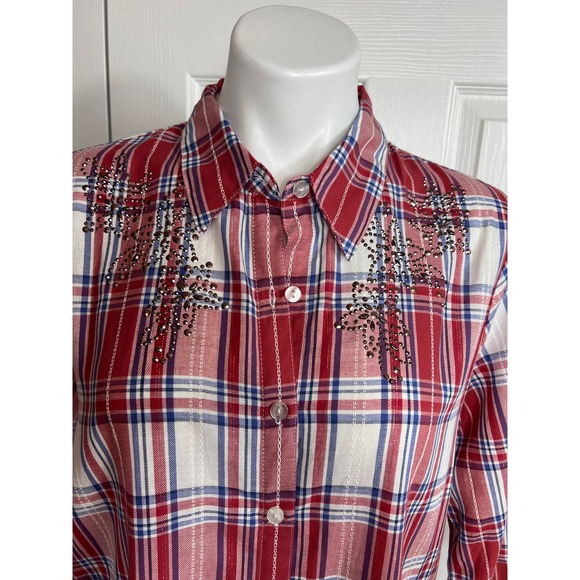Alfred Dunner Women's Red Plaid 3/4 Sleeve Button Front Top Floral Beading 14P - Picture 2 of 10